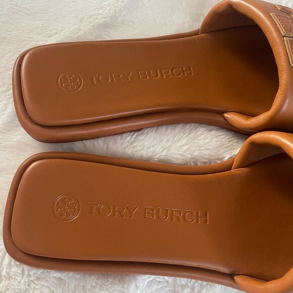 TORY BURCH Double T Logo Sport Leather Slide Sandal Aged Camello/Gold Size: 9 - Picture 9 of 16